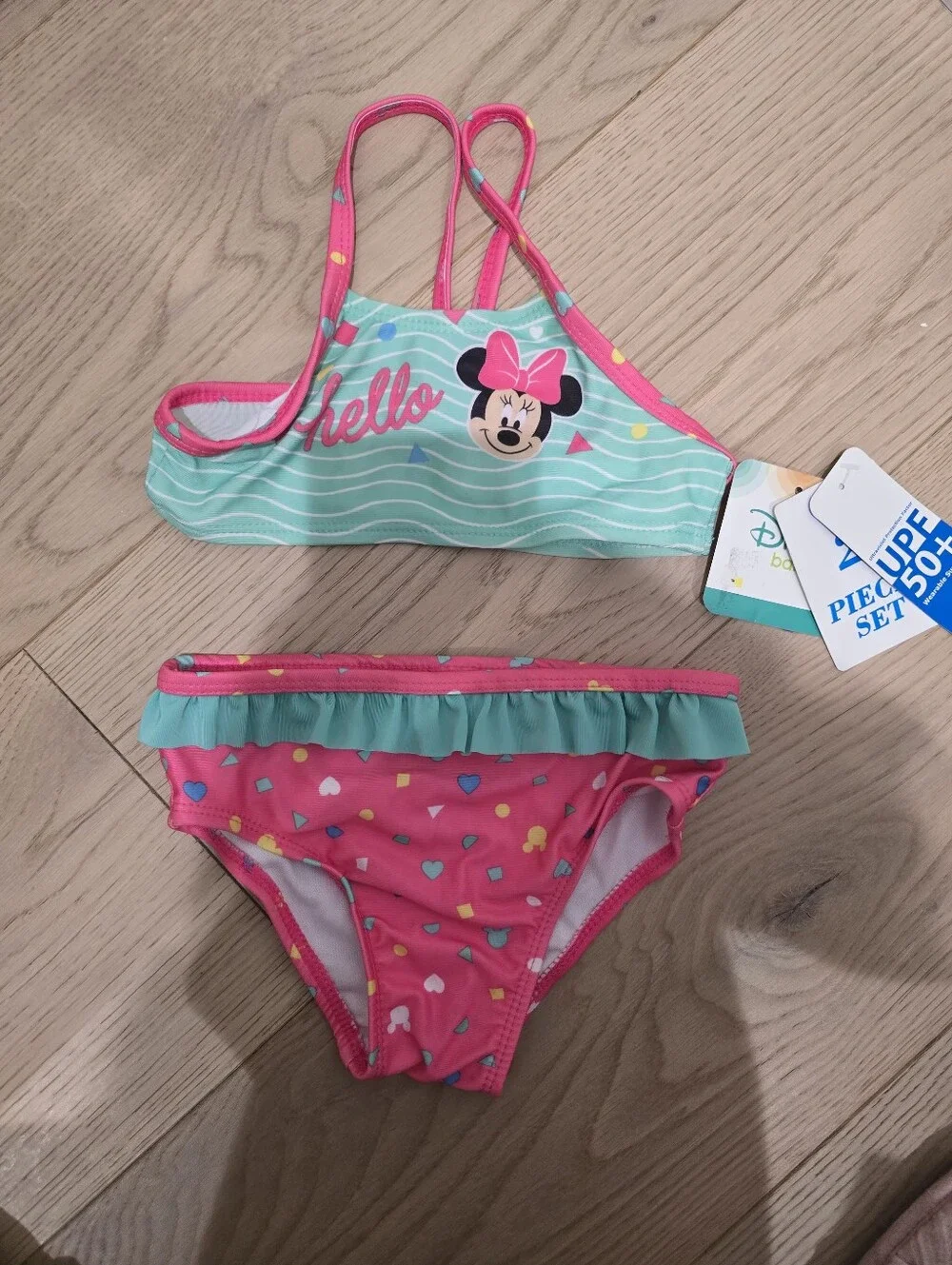 New Disney Pink & Aqua Minnie Mouse Girls Two-Piece Swim Bikini
